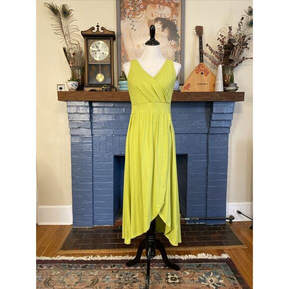 Lands End S 6-8 Lime Green MIDI Cotton Fit and Flare Dress Faux Wrap *read - Picture 1 of 11